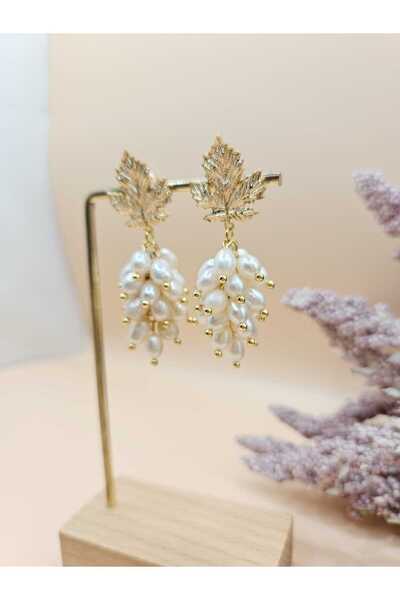 İNCİORA JEWELRY GERÇEK DOĞAL İNCİ ÜZÜM YAPRAKLI SALKIM KÜPE ALTIN/RODYUM KAPLAMA