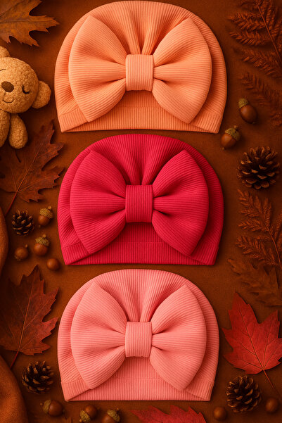 Pico Baby Fiyonklu Bebek Bone 3'lü Set- Krem/Somon / Fuşya