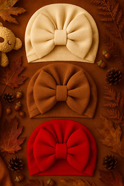 Pico Baby Fiyonklu Çift Kat Bebek Bone 3'lü Set- Krem/Kahverengi/Kırmızı