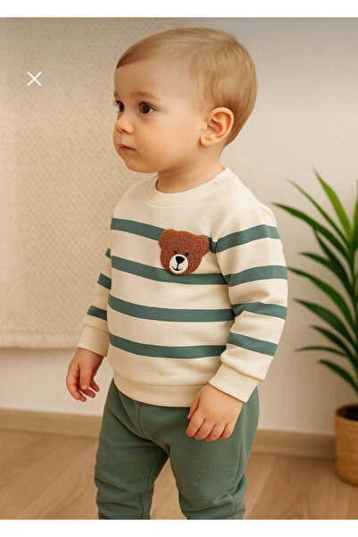 mini mia Bear Embroidered Striped Baby 2-Piece Set – Sweatshirt and Bottoms, Everyday Comfort