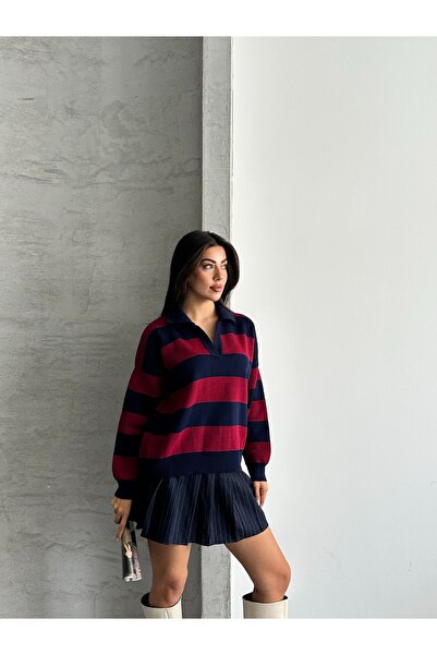 modazoom Polo Yaka Çizgili Kazak
