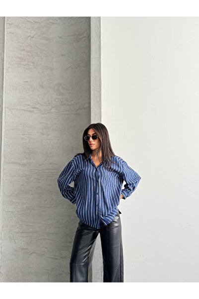 modazoom Kadın Çizgili Oversize Uzun Basic Gömlek