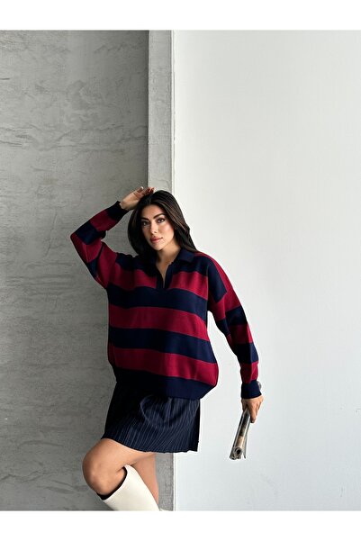 modazoom Polo Yaka Çizgili Kazak