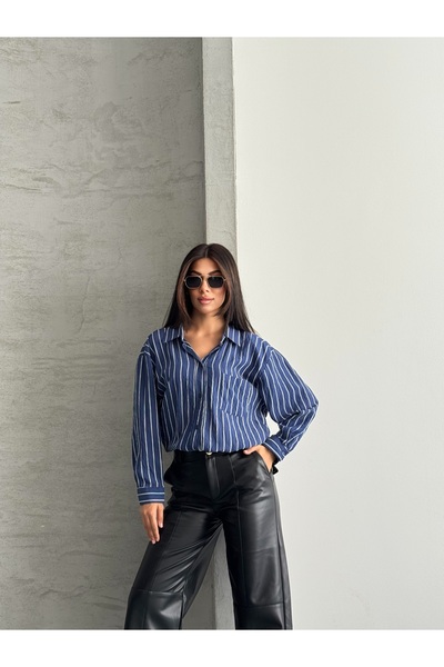 modazoom Kadın Çizgili Oversize Uzun Basic Gömlek