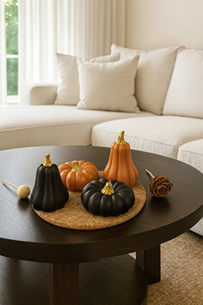 Zigzag Home Dekoratif 4 Lü Bal Kabağı Siyah Turuncu (Golf Detaylı ) Biblo , H...