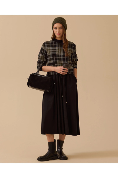 SCL Ekose Desenli Çift Kumaşlı Elbise