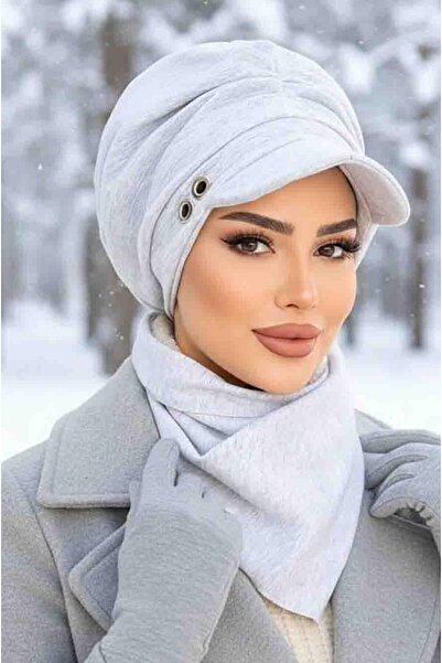 Aişe tesettür Eşofman Gri Metal Detaylı Büzgülü Tesettür Şapka Ve Etol Takım