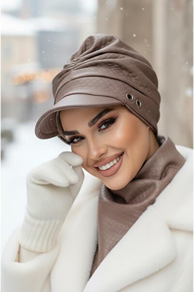 Aişe tesettür Mink Metal Detailed Gathered Hijab Hat and Etol Set