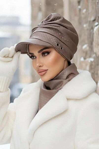 Aişe tesettür Mink Metal Detailed Gathered Hijab Hat and Etol Set
