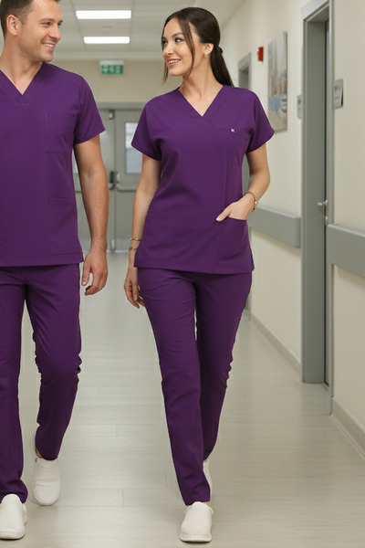 demirbaş Deniz Iş Kadın Terycotton Yarasa Kol Mor Renk Scrubs Takım