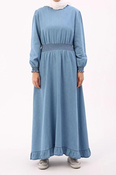 TRENDTESETTÜR KADIN MAVİ BELİ VE MANŞETLERİ LASTİKLİ DENİM ELBİSE 00036