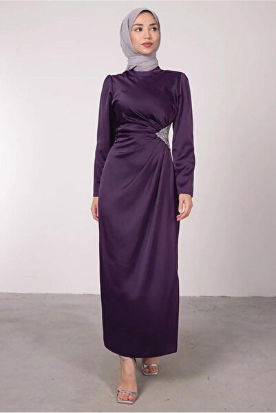 TRENDTESETTÜR KADIN MOR TAŞ BASKILI PİLİSE DETAYLI ABİYE ELBİSE T 0495