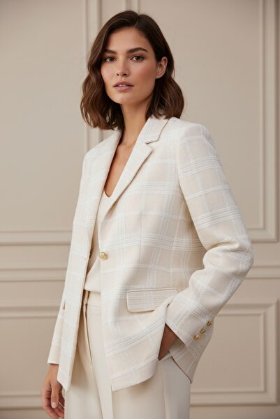 the blazer obsessed Women's Cream White Plaid Gold Buttoned Blazer Jacket