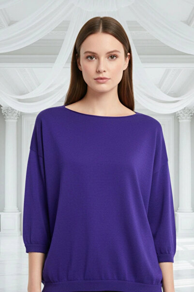 Bİ.GİYSEN Kadın Mor Kayık Yaka Likralı % 100 PAMUK İPLİK İnce Triko Bluz