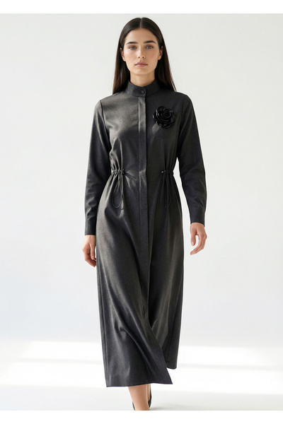 Exquise Hakim Collar Gathered Long Woven Dress with Leather Accessories