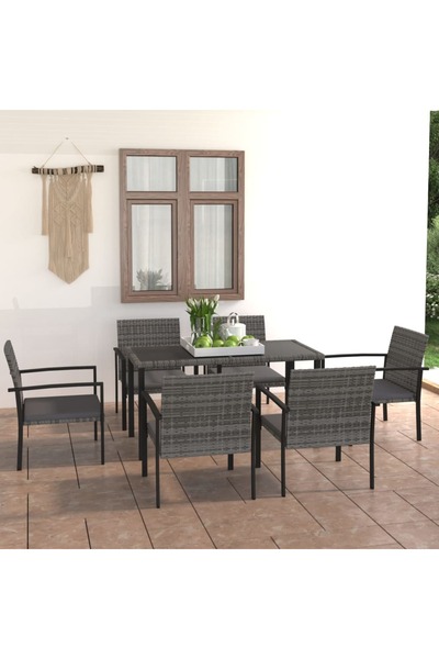 vidaxl طقم طعام للحديقة من 7 قطع مصنوع من مادة البولي راتان باللون الرمادي