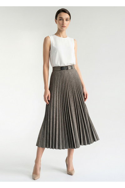 Exquise Herringbone Patterned Pleated High Waist Buckle Regular Midi Skirt
