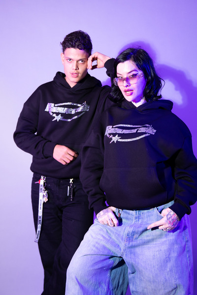 Sekizbiraltı Reverse Taş Baskılı Oversize Unisex Siyah Hoodie