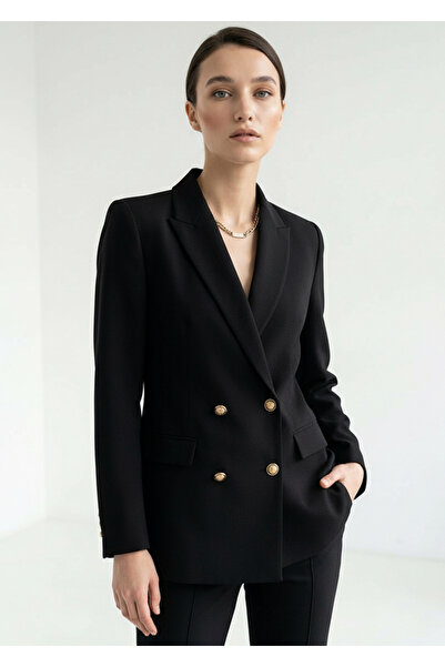 Exquise Double-Breasted Woven Blazer Jacket with Gold Button Detail