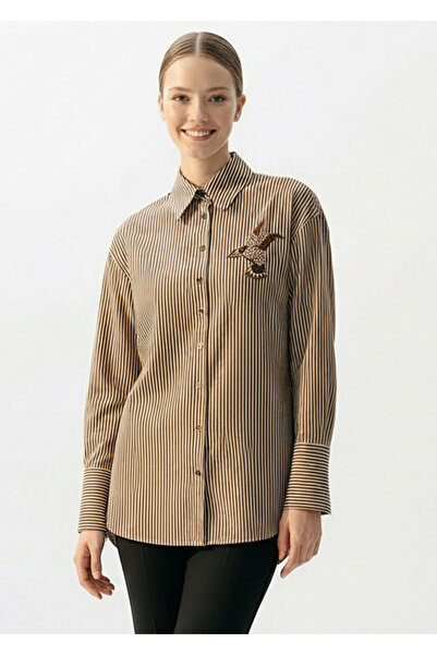 Exquise Stone Embroidered Striped Pocketless Regular Shirt