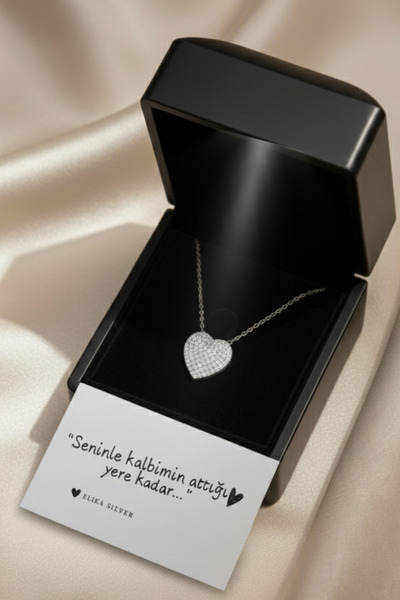 Elika Silver Işıklı Kutuda 925 Ayar Gümüş Zirkon Taşlı Kalp Kolye / En Özel H...