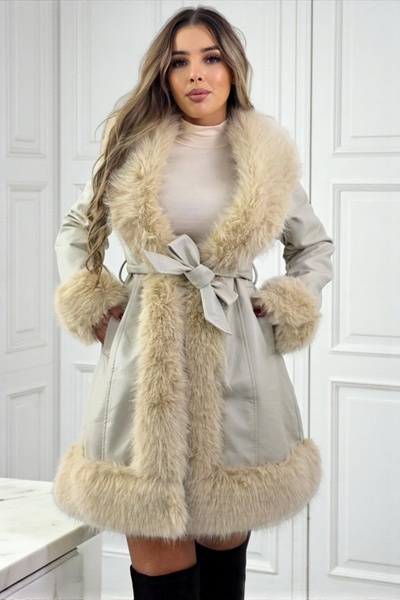 FashionForYou CARMELL -leather coat, with drawstring and fur interior, Cream