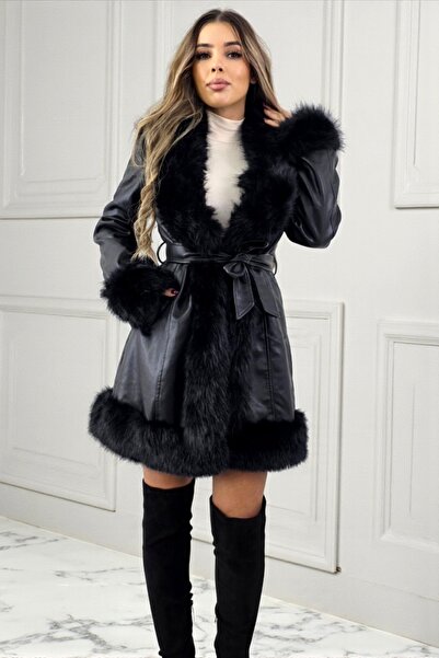 FashionForYou CARMELL -leather coat, with drawstring and fur interior, Black