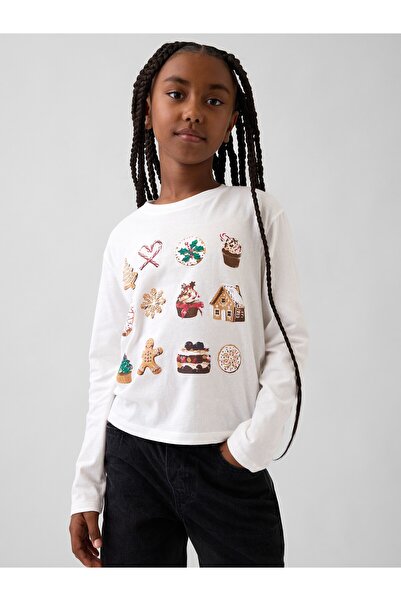 GAP Kız Çocuk Beyaz Relaxed Grafik T-Shirt