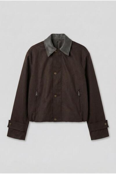 ablukaonline Men's Boxy Fit Wide Cut Contrast Collar Premium Jacket Brown