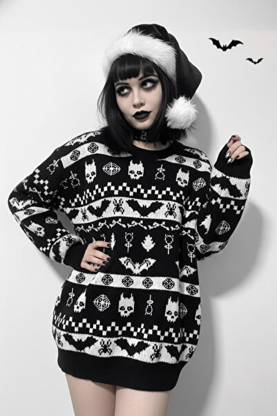 Köstebek Black Gothic Patterned Oversize Christmas Peripet Pullover