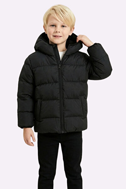 freemen Chlapecký zimní kabát z černého fleece kožešiny s kapucí a voděodolným větruodolným Pocket Puffer