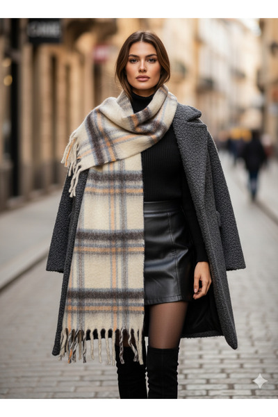 Luminos Butik Γυναικείο μπεζ καρό μοτίβο κασκόλ-σάλι SAL1297