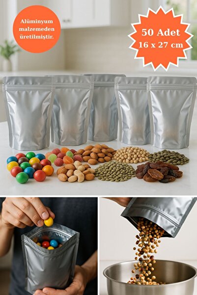 PlasandPlus Kilitli Alüminyum Doypack Kahve Kuruyemiş Bakliyat Kedi Köpek Kuş Yemi Saklama Torbası 16x27 cm 50Li