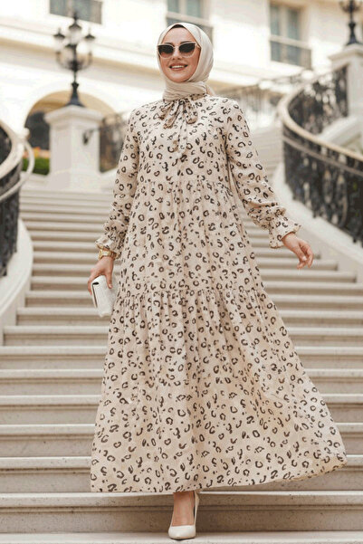 N.S NEVA STYLE Φόρεμα σιφόν με σχέδιο μπεζ χιτζάμπ 23602BEJ