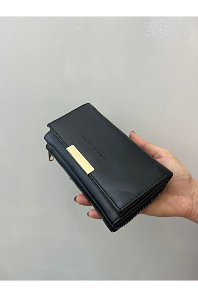 shiny ever Μαύρη γυναικεία τσάντα πορτοφόλι με χρυσή λεπτομέρεια