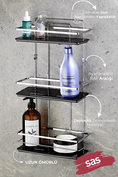 Sas Haus Ράφι ντους μπάνιου με αυτοκόλλητο 3 επιπέδων – Ρυθμιζόμενο ράφι κρυστάλλου (κόλληση/βίδα) Χρώμιο-Μαύρο