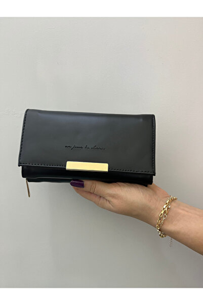 shiny ever Μαύρη γυναικεία τσάντα πορτοφόλι με χρυσή λεπτομέρεια