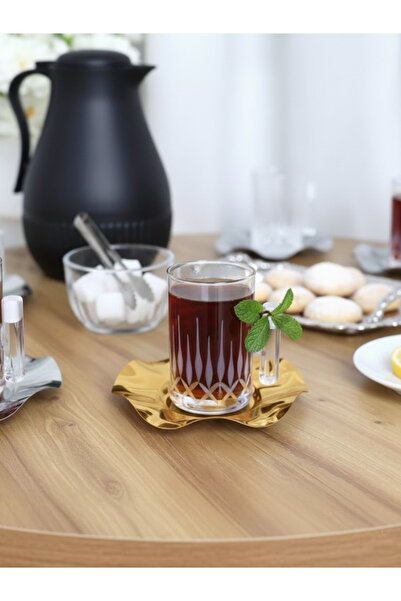 DECOSTYLE 18 Piece Modern Glass Tea Set with Decorated Steel Plates |   Premium Presentation Set