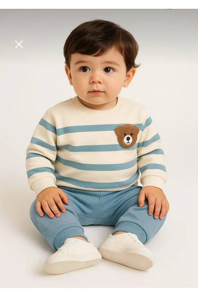 mini mia Bear Embroidered Striped Baby 2-Piece Set – Sweatshirt and Bottoms, Everyday Comfort