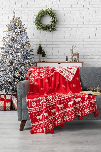 Sevim Snowflake Detailed Pompom Knitted Knitwear Tv Blanket–Christmas Gift-130X170 Cm-Red