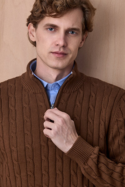 SMILE Dramen Tobacco Color 100% Cotton Zippered Knitwear