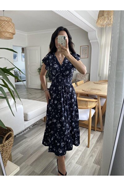 idimilla فستان نسائي بأكمام قصيرة وياقة مزدوجة الصدر وخصر مطاطي مزين بنقشة ال...