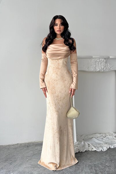 Feminist Drapeli Takma Kol Detaylı Kadife Abiye Gold 0801068