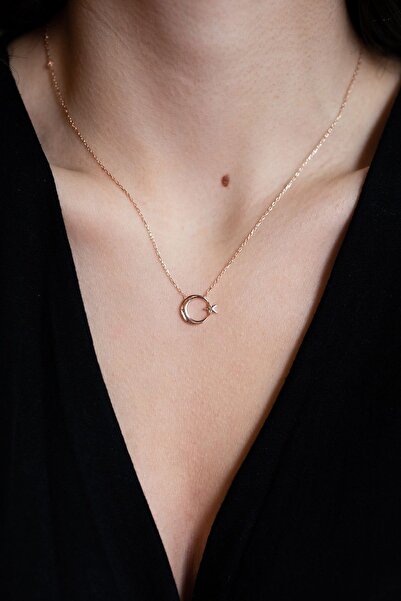 SUNSHINE 925 Ayar Rose Kaplamalı Minimal Ay Yıldız Gümüş Kolye