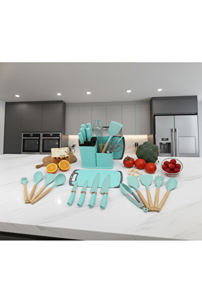 YAH Creation مجموعة أدوات مطبخ فاخرة من السيليكون من YAH، مكونة من 19 قطعة، بمقابض خشبية وسكاكين من الفولاذ المقاوم للصدأ، لون فيروزي