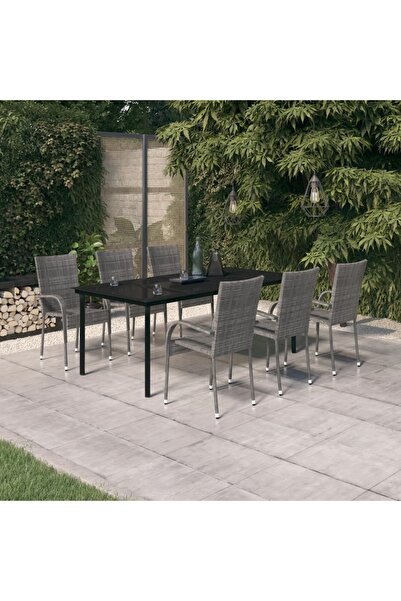 vidaxl طقم طعام للحديقة مكون من 7 قطع باللونين الرمادي والأسود