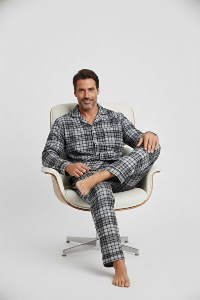 Zekalya Σετ πιτζάμες γκρι από ύφασμα σουέτ με καρό σχέδιο (πωλείται χωριστά)