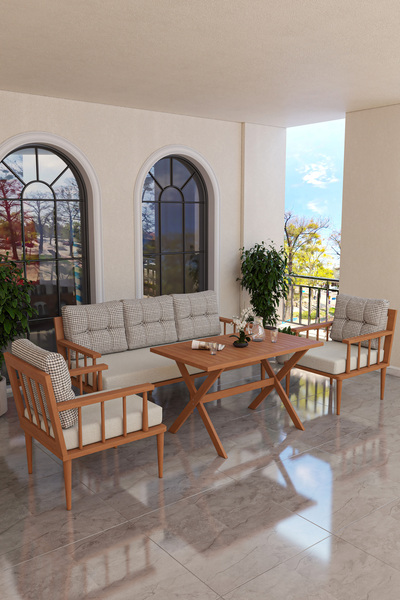 Kaktüs Avm Preda Serisi Masif Fırınlanmış Gürgen Ahşap Bahçe Balkon Takımı 3+1+1+Masa