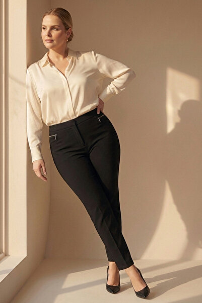 Hanezza Women's Plus Size Ankle Length 360° Lycra Black Slim Fit Fabric Trousers