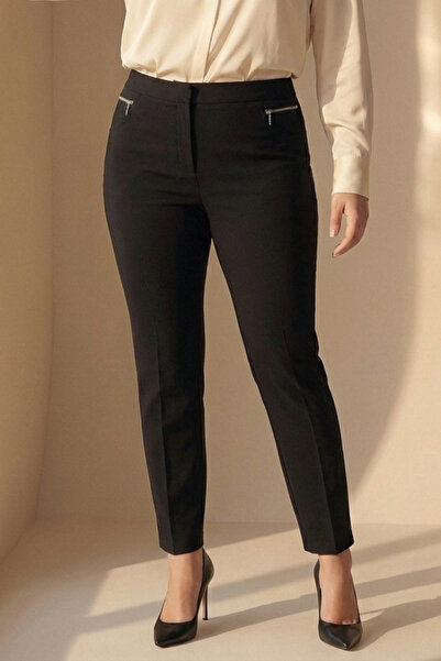 Hanezza Women's Plus Size Ankle Length 360° Lycra Black Slim Fit Fabric Trousers